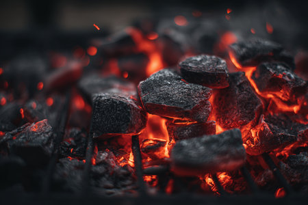 Realistic macro shot capturing glowing charcoal embers under a grill. The image features deep red tones and focuses on texture, creating a cozy barbecue atmosphere with soft lighting.の素材