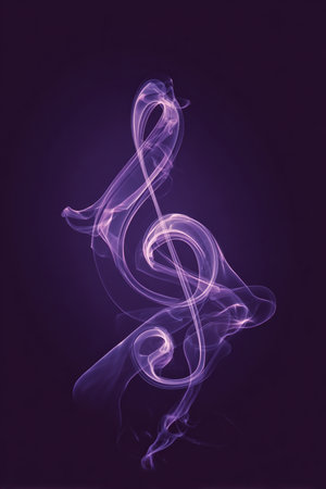 A musical note crafted from flowing smoke against a dark purple backdrop. The wisps form a lyrical, artistic structure with translucent edges, creating a captivating visual.の素材