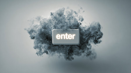 A glowing "Enter" key floats amidst abstract smoke on a white-to-gray gradient background. Ideal for digital design, UI/UX, and creative projects.の素材