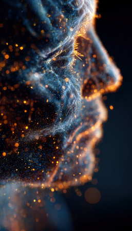 A creative science art composition visualizing a futuristic human mind through digital projection and glowing data particles, illustrating the intersection of technology and imagination.の素材