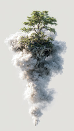 A surreal floating island composed of thick smoke layers with a tree growing on top, isolated on a white background. Ideal for dreamlike branding and nature tech visuals.の素材