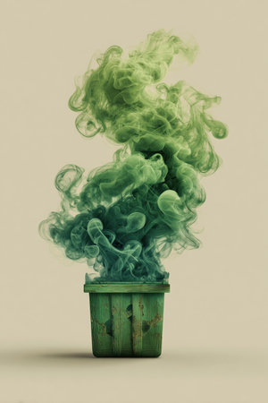 Conceptual image of a recycling bin icon formed from swirling green smoke on a neutral background. Ideal for sustainability infographics, eco-friendly branding, and environmental themes.の素材