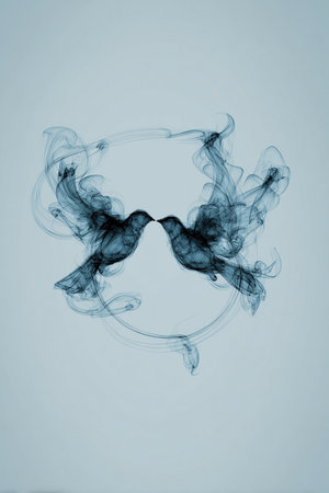 Artistic depiction of two birds formed by intertwining smoke trails, symbolizing harmony and love, set against a pale blue sky. Ideal for romantic or abstract themes.の素材