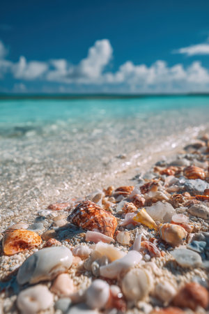 Idyllic beach scene featuring coral and shells in the foreground, with turquoise water and a clear blue sky. Captured in soft daylight, showcasing cinematic realism and natural beauty.の素材