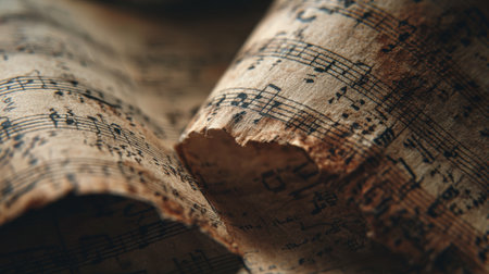 A detailed close-up of aged sheet music featuring faded ink and curled edges, evoking a vintage and nostalgic aesthetic. Soft morning light enhances the texture and historical charm.の素材