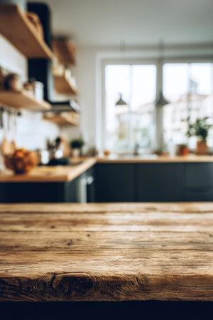 A rustic wooden surface in focus with a softly blurred modern kitchen in the background. The warm daylight creates a natural, inviting home atmosphere, ideal for lifestyle imagery.の素材