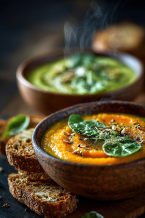 Close-up of creamy carrot and spinach soups served with wholegrain avocado toast in a cozy, rustic kitchen. The high-detail macro shot captures the warm, inviting autumnal mood.の素材