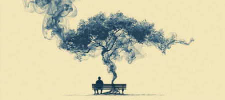 A serene image of a figure sitting on a bench under a tree, both formed from curling smoke, set against a pale background. Ideal for themes of introspection and wellness.の素材