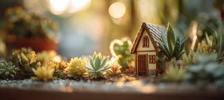 A cinematic photograph of a miniature home nestled among vibrant plants, illuminated by morning sunlight with a bokeh effect, symbolizing sustainable living concepts.の素材