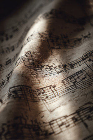 Explore the intricate details of sheet music in this macro photograph, highlighting artistic ink patterns and soft natural shadows. Captured in a fine-art style, it exudes minimalism.の素材