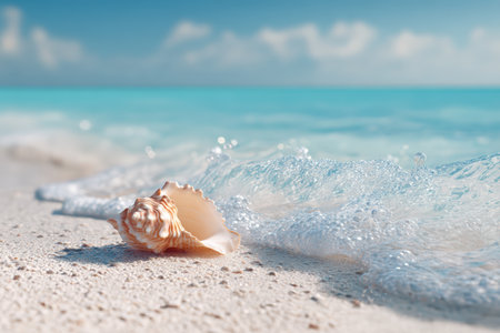Cinematic travel photography capturing a tropical beach paradise with white sand, clear water, gentle foam waves, and a detailed seashell. Perfect for travel and nature enthusiasts.の素材
