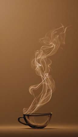 A coffee cup outline formed by soft, flowing smoke against a warm brown background. The wisps curl gracefully, creating a cozy and aromatic visual with translucent edges.の素材
