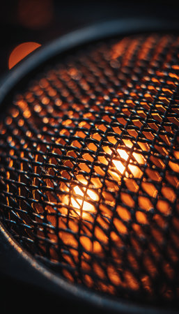 Cinematic fine art macro photograph of a microphone grille reflecting warm orange stage lights. The intricate mesh pattern is highlighted, creating a dramatic and artistic effect.の素材