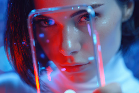 A woman emerges from a holographic smartphone, surrounded by glowing edges and neon tones. This cyber aesthetic image captures a futuristic concept of communication in a cinematic wide shot.の素材