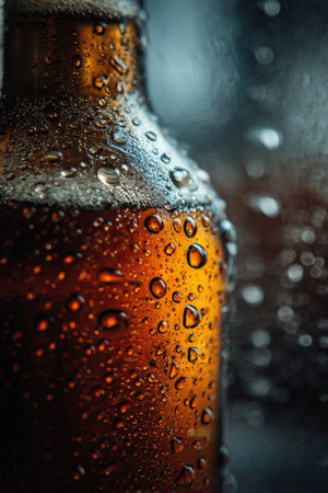 Detailed macro photography capturing condensation droplets on a beer bottle. The background features blurred hops and grains, highlighting the texture and refreshing appeal.の素材