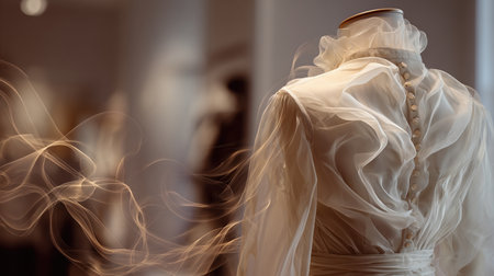 A sheer blouse with flowing fabric and visible buttons is displayed on a stylized mannequin in a boutique interior. The feminine and refined design is ideal for soft fashion campaigns.の素材