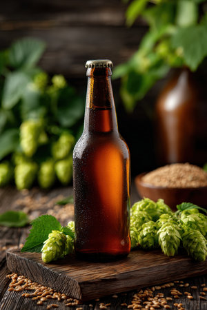 Close-up image of a craft beer bottle on a wooden plank, surrounded by malt grains and green hops. Captured in natural light, emphasizing traditional brewing elements.の素材