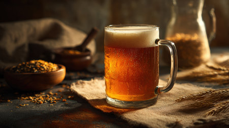 A rustic beer scene featuring a foamy glass of beer surrounded by ingredients like grains and hops. Captured in warm, inviting golden hour tones, this detailed photograph evokes a cozy mood.の素材