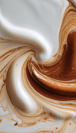 Macro image capturing the artistic swirl of cream on a soup surface, forming abstract patterns. The minimalist background and shallow depth of field enhance the food art style.の素材