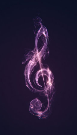 Artistic image of a music note created by glowing smoke trails against a dark purple backdrop. Ideal for audio branding, podcast graphics, or album art, offering an abstract touch.の素材