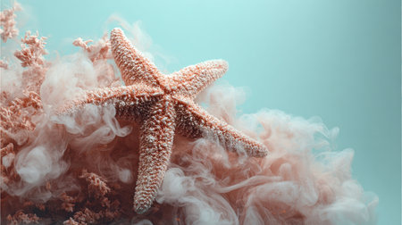 A starfish rests on a smoky ocean floor, surrounded by soft coral-toned smoke against a light aquamarine background. Ideal for marine-themed branding and eco-friendly packaging designs.の素材