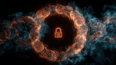 An abstract data encryption symbol crafted from interlocking smoke rings with a glowing padlock icon at the center. Set against a dark cybersecurity backdrop, symbolizing privacy and security.の素材