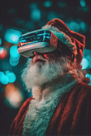 Santa Claus wears a VR headset, exploring a virtual North Pole. The image features glowing technology lights and a sci-fi aesthetic, blending tradition with futuristic elements.の素材