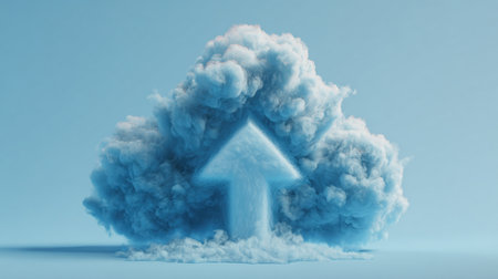 A cloud upload icon crafted from upward-drifting smoke with a defined arrow, set against a light sky-blue background. Ideal for cloud-based technology themes.の素材