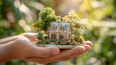 A pair of gentle hands cradle a detailed miniature cottage, surrounded by lush greenery. Captured in natural daylight, the scene evokes a cozy and heartwarming atmosphere.の素材