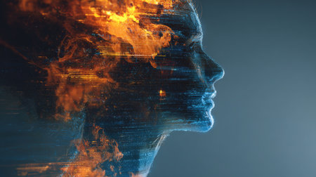 Cinematic science aesthetic featuring a human profile silhouette merged with holographic data. The artwork uses an orange-blue color palette, symbolizing AI and futuristic technology.の素材