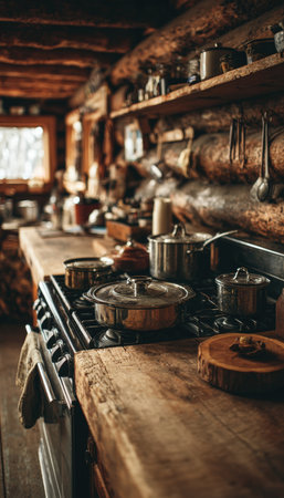 A rustic cabin kitchen featuring a natural wood counter, blurred background, and cozy warmth. The image captures the simplicity and charm of rural living with a cinematic touch.の素材