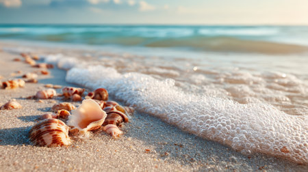 Seashells scattered on a bright sandy beach with crystal-clear waves approaching. Captured in warm tropical light, this image evokes a cinematic summer relaxation mood.の素材