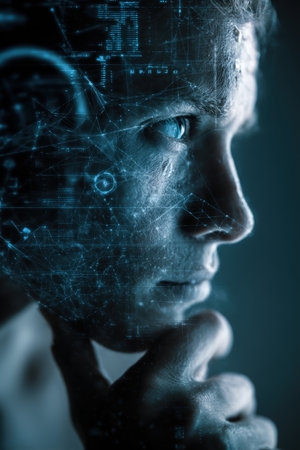 Close-up profile portrait of a person with cybernetic overlays and augmented reality interface. High contrast lighting and sci-fi tone enhance the futuristic and technological theme.の素材
