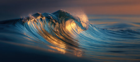 Fine-art ocean photography capturing a curling wave illuminated by golden light. Surreal tones of blue and orange blend, creating a mesmerizing abstract seascape.の素材