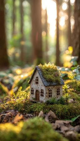 A realistic photo of a miniature house on a mossy forest floor, illuminated by sunlight filtering through trees, symbolizing sustainability and balance in nature.の素材