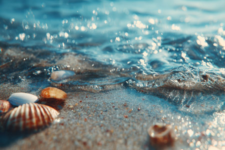 Close-up of crystal clear tropical water gently washing over sandy beach with shells. Bright sunlight reflects off the water, creating a serene and cinematic scene.の素材