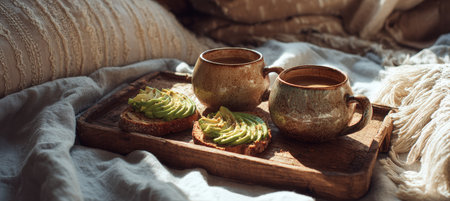 A rustic breakfast tray featuring avocado toast and soup cups is elegantly placed on a bed with cozy linens. Soft sunlight filters through window curtains, creating a warm, inviting atmosphere.の素材