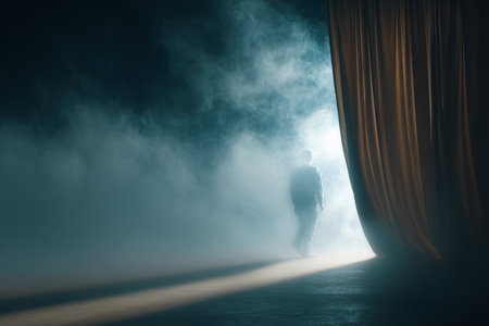 A person partially visible walking through a curtain of smoke with light shining from the other side. The dark-toned background enhances the metaphor of change, hope, and transition.の素材