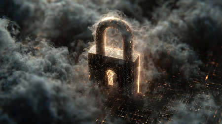 A digital lock icon made of dense smoke with glowing outlines, set against a soft circuitry background. This image symbolizes cybersecurity, ideal for secure login or VPN interfaces.の素材