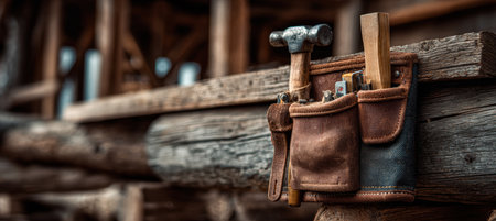 Detailed close-up of a carpenter's tool belt and hammer set against a timber frame background, showcasing construction tools and textures in a rustic setting.の素材