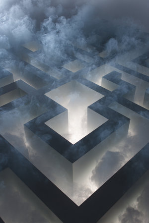 Aerial view of a maze with walls formed by thick smoke lines, creating an abstract geometric puzzle on a soft neutral background. Ideal for concepts in psychology and strategy.の素材