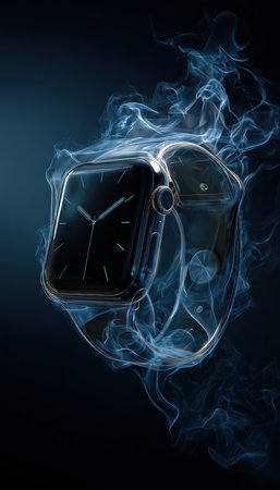 A glowing smartwatch face floats midair, with its band and casing crafted from layered smoke. Set against a dark background, this high-tech image is perfect for tech advertising or UI mockups.の素材
