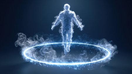 A conceptual holographic avatar constructed from smoke layers, floating midair within a glowing circular UI frame. Ideal for metaverse and futuristic digital environments.の素材