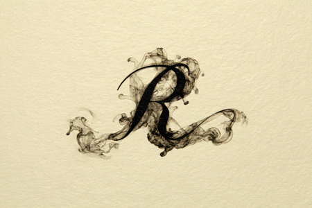 Stylish calligraphic letter "R" crafted in translucent smoke with elegant flourishes, set against a minimalist cream background. Ideal for luxury branding or personal design projects.の素材