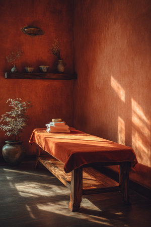 Experience a luxurious wellness retreat with a tranquil massage setting. Captured in warm tones and natural light, this elegant atmosphere promotes relaxation and peace.の素材