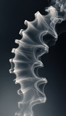 A gear shape crafted from soft, flowing smoke against a steel gray background. The wisps curl gracefully, creating a mechanical structure with translucent edges.の素材
