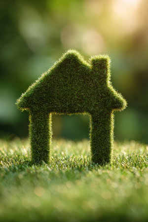 Macro shot of an eco-home symbol made of grass, illuminated by sunlight. The image features a soft green background, emphasizing sustainability and renewable living concepts.の素材