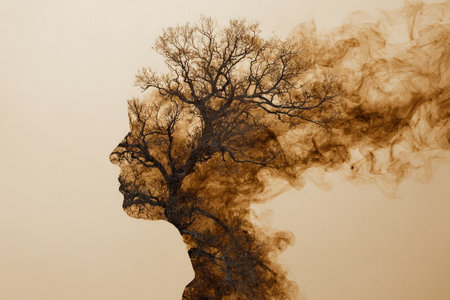 A human silhouette with tree branches growing from the head, both made of smoke, symbolizes thoughts, growth, and nature. Set against a soft earthy background, it blends nature and mind.の素材