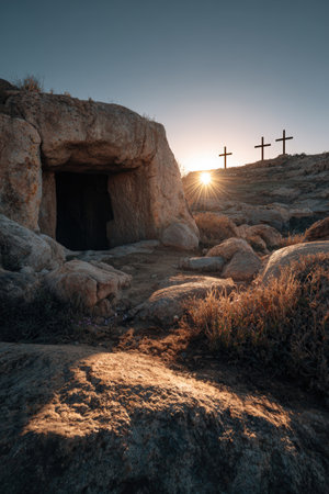 A cinematic wide shot captures a rocky tomb with the sunrise illuminating three crosses in the background. The scene symbolizes faith, with a striking contrast of light and shadow.の素材
