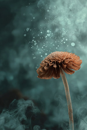 A mushroom cap and stem created from curling smoke, with spores drifting above, set against a forest floor-inspired background. This natural abstraction is ideal for herbal themes.の素材